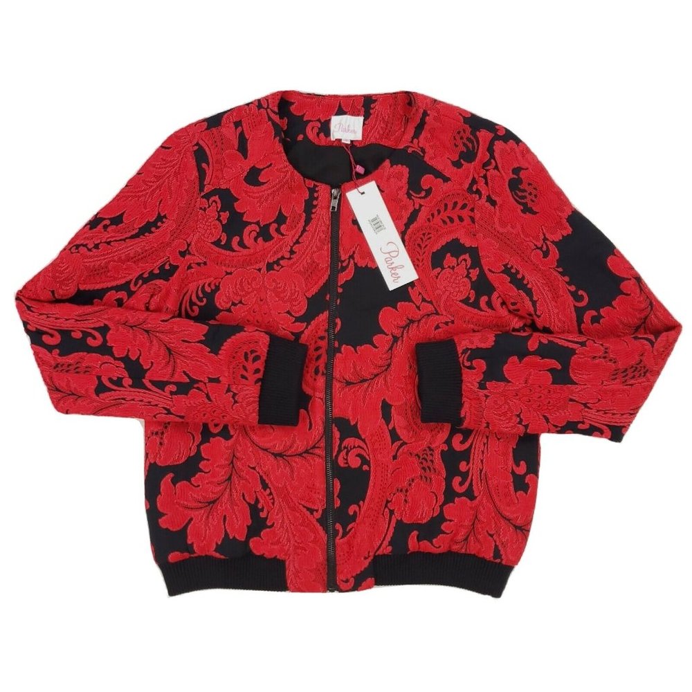 NWT Parker  Maverick Red Black Brocade Bomber Jacket Women's Sz Medium MSRP $352